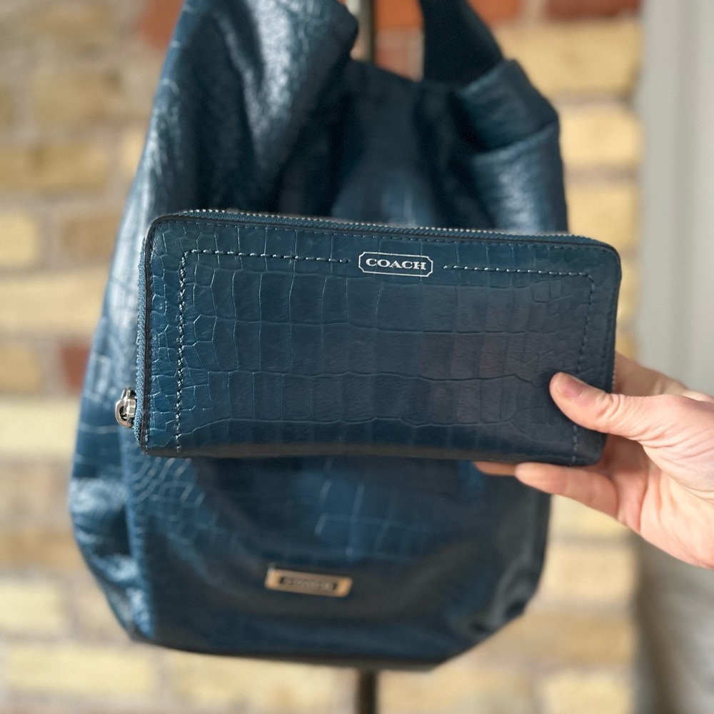 Coach Blue Crocodile-Embossed Hobo Bag and wallet
